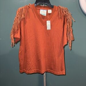 Women's Short Sleeve Fringe Tee - Rust